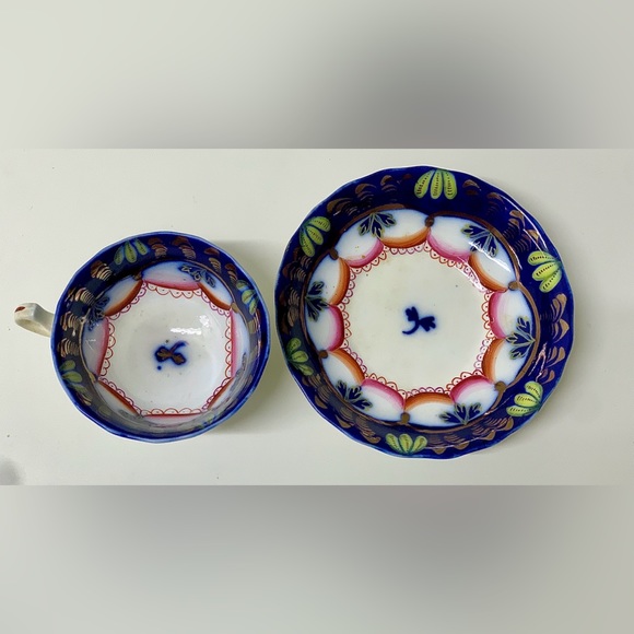 19th Century Antique Gaudy Welsh Banana Pattern Teacup & Saucer Set - Picture 6 of 10